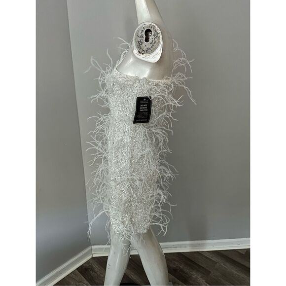 NWT Retrofete One Shoulder Sina Ostrich Feather Bodycon Mini Dress White Small $ - Picture 10 of 15